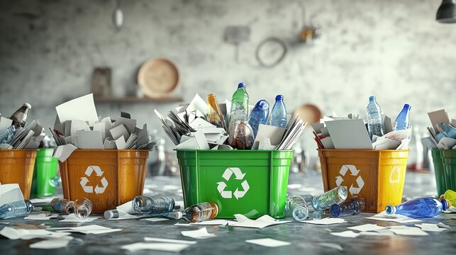 A cluttered recycling area with bins filled with paper and plastic waste.