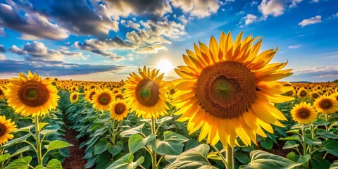Obraz premium Vibrant Sunflower Field under a Clear Blue Sky - High ISO Documentary Photography