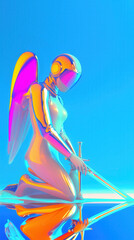 Obraz premium Futuristic Angel in a Chrome Suit, Holding a Shining Silver Sword, Standing Powerfully