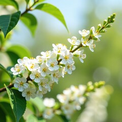 Dense clusters of small white flowers on a Vitex agnus castus branch, spring, evergreen
