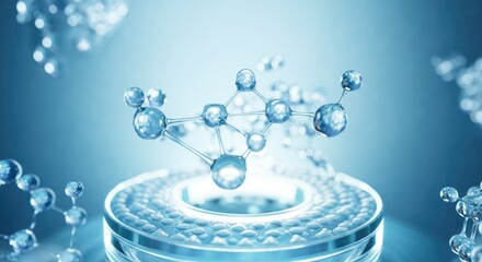 Close-up of 3D molecular structure on blue background