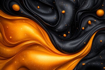 Abstract Swirling Gold and Black Liquid with Glittering Particles 3D Render