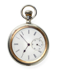 Silver antique pocket watch isolated on transparent background.