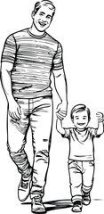 Line art of a family walking together, black sketch of parents and kid holding hands on white background.eps