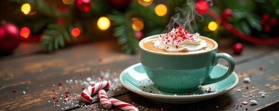 Festive holiday centerpiece featuring a steaming cup of peppermint mocha coffee on a rustic wooden table, mocha, peppermint