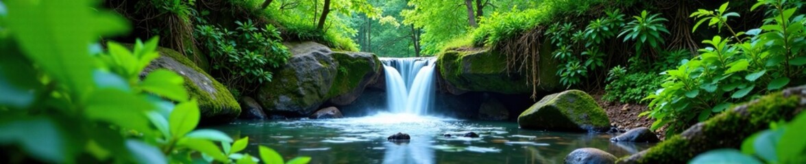 Fototapeta premium Forest vegetation surrounding a small waterfall, kra, foliage