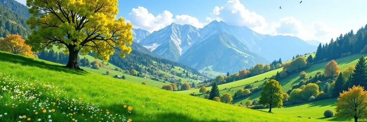 Fototapeta premium Green hills with trees and flowers blooming in spring, mountain, tree