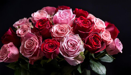 Obraz premium colourful bouquet of pink and red roses in opposition to a black historical past