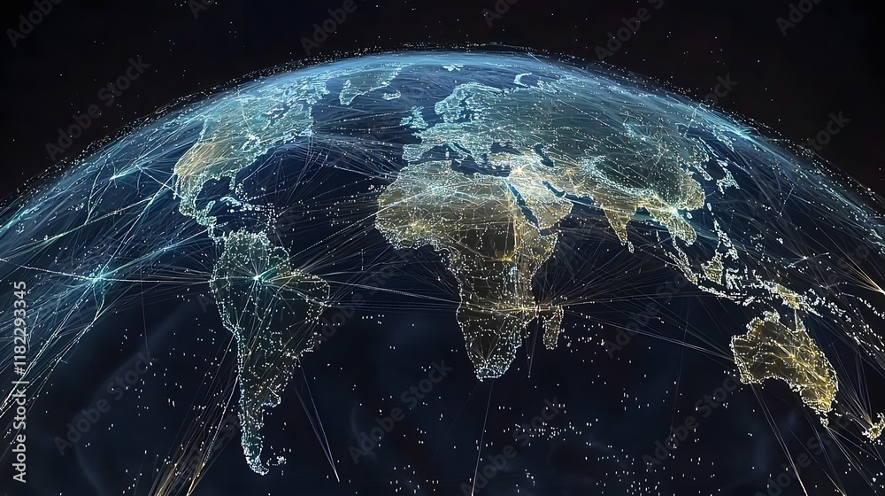 Poster digital globe with interconnected data network for global data analysis business intelligence and wo