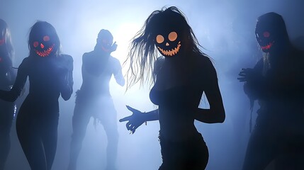 Mysterious silhouettes of masked individuals engaged in a spooky supernatural dance in a dark foggy setting creating an eerie and unsettling atmosphere for a chilling Halloween