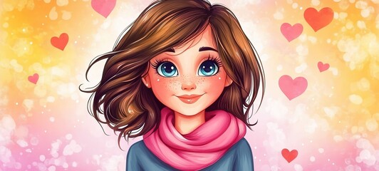 cartoon illustration, cute young girl wearing winter attire,  smiling with heart floating around minimalist design