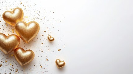 Fototapeta premium Valentine Day abstract background, gold and white, minimal design, golden hearts, festive atmosphere