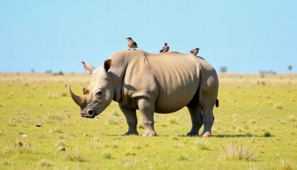 Obraz premium Rhino standing in grasslands with birds, wildlife harmony