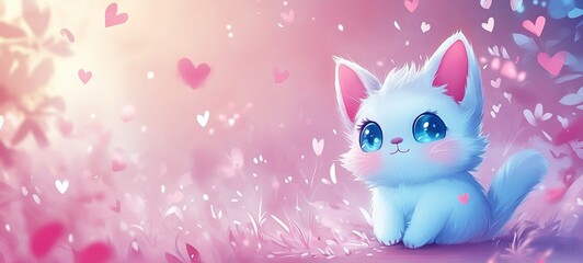 white fluffy cat with hearts fly in dreamy garden, cartoon illustration cute baby animal Valentine's day love theme, cute nursery fairytale vibes