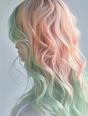 Fototapeta premium Long, wavy hair; pastel pink and green tones.
