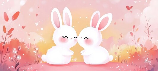 Obraz premium two white rabbit cuddle with love, cartoon illustration cute baby animal Valentine's day love theme, cute nursery fairytale vibes