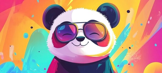 Fototapeta premium cartoon a cute animal panda bear wearing sunglasses smiling in bright tone color background 