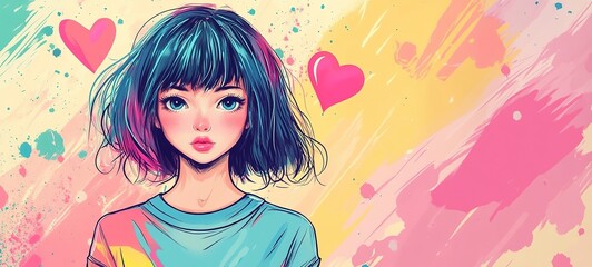 cartoon illustration pop art character design, pretty charming girl in bright tone color