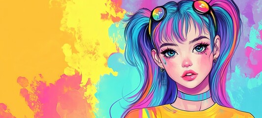 cartoon illustration pop art character design, pretty charming girl in bright tone color