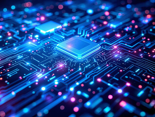 Obraz premium Dynamic digital circuit board glowing holographic effect futuristic typography spaces perfect for product branding tech backgrounds and sci-fi designs