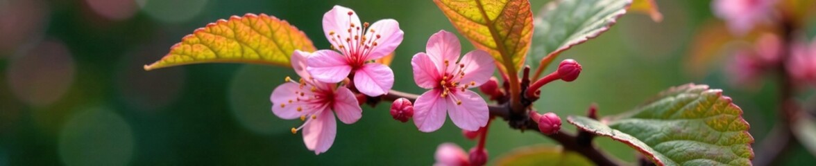 Pink flower details on Viburnum Davidii leaves and stems, leaf and stem texture, spring blooms,