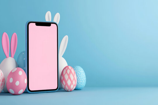 Mock up big phone screen and colorful easter eggs 