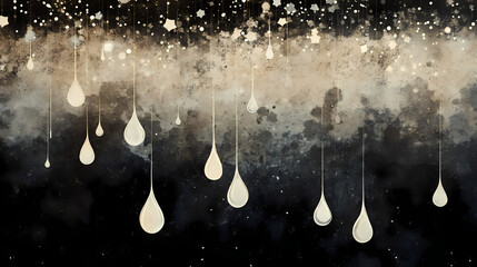 A somber, textured background with suspended teardrop shapes, evoking a sense of anticipation and a feeling of inevitable falling. Stardrop. Illustration