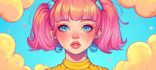 Fototapeta premium cartoon illustration pop art character design, pretty charming girl in bright tone color, two ponytail hairstyle 