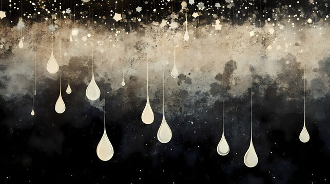 A somber, textured background with suspended teardrop shapes, evoking a sense of anticipation and a feeling of inevitable falling. Stardrop. Illustration