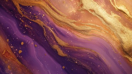 Obraz premium Flowing gold streaks over purple and peach background abstract art luxurious design high detail artistic concept