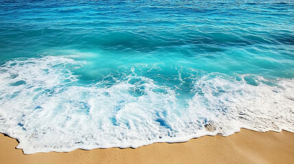 Top-down aerial view of a serene beach with crystal blue waters, foamy white waves, and soft sandy shores, captured by drone photography in a flat lay style.