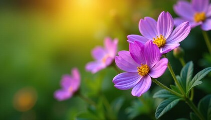 Fototapeta premium Purple flowers with yellow centers on a bushy stem, yellow, flowers, growth