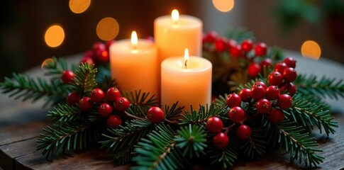 Red berry-adorned wreath with warm candlelight and evergreen branches, wreath, holiday decor, holiday lighting
