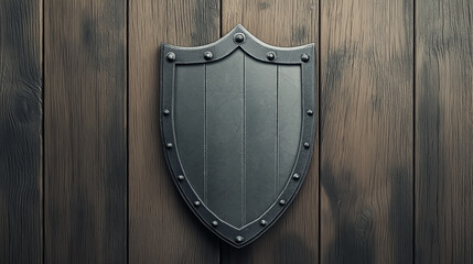 Fototapeta premium Metallic shield on rustic wooden background, medieval design with sturdy steel texture, concept of protection, security, and strength