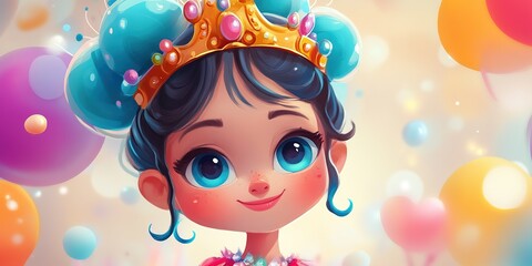 young queen , cute cartoon character design, pretty princess or queen wearing gorgeous crown in dreamy fantasy whimsical vibes 