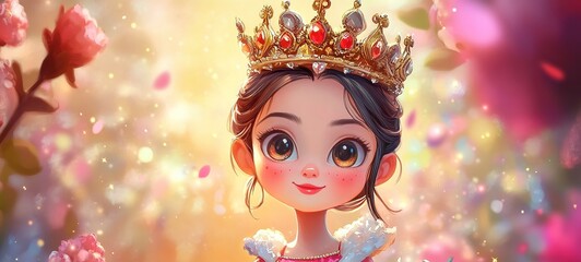 Fototapeta premium pretty queen girl in flower garden, cute cartoon character design, pretty princess or queen wearing gorgeous crown in dreamy fantasy whimsical vibes 
