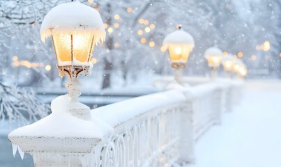 Fototapeta premium Snowy Bridge Serenity, a tranquil winter scene featuring a bridge blanketed in snow, illuminated by soft lantern light, creating an elegant atmosphere.