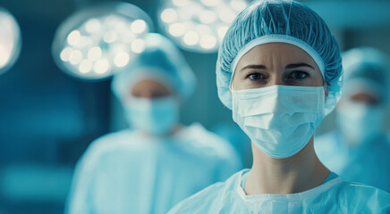 Portrait of a female surgeon in operating room at hospital, copy space
