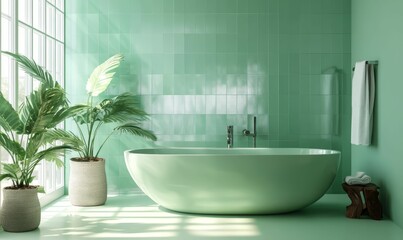 Fototapeta premium Serene green bathroom, freestanding tub, plants.
