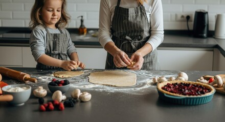 Mother and daughter baking together in kitchen, preparing dough pie with berries