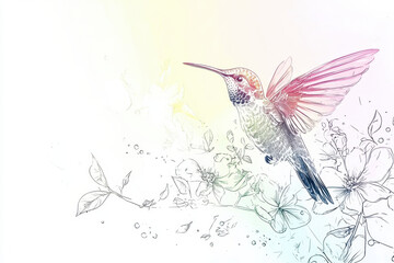 Doodle inspired watercolor hummingbird with floral elements