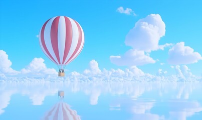 Obraz premium Hot Air Balloon Serenity, a vibrant balloon drifts gracefully above lush landscapes, evoking a sense of peace and adventure in the open sky.