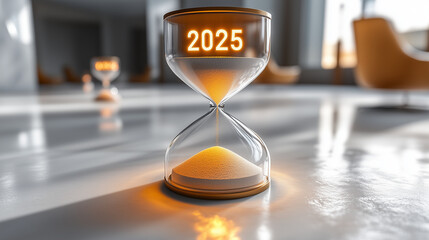 Minimalist hourglass with sand forming glowing numbers "2025" at the bottom, clean white background, bright lighting, contrast and smooth lines
