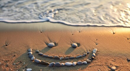 Pebble smiling face on sandy beach near water's edge at sunrise