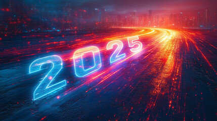 Abstract glowing lines spiraling into the numbers "2025" at the center, soft pastel gradient background, bright lighting, contrast and smooth lines