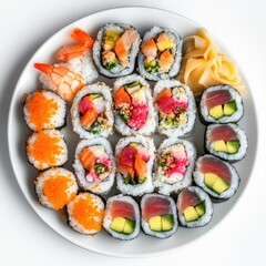 A vibrant arrangement of sushi rolls and shrimp sits elegantly on a white plate. The bright colors from fresh fish and vegetables create a visually stunning culinary display, perfect for food lovers