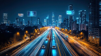 Fototapeta premium Smart city at night with illuminated skyscrapers, autonomous vehicles, and holographic billboards, ultra-modern feel 