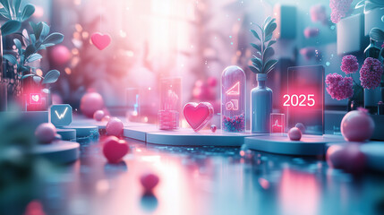 Floating geometric platforms with icons representing health, education, and success, leading towards glowing "2025", pastel background, bright lighting, contrast and smooth lines