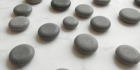 Smooth, grey spa stones arranged artfully on a pristine white marble surface, texture, serenity, table