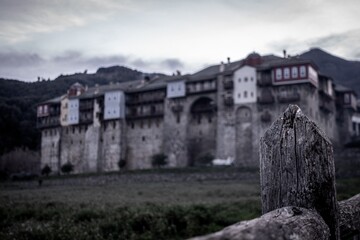Blurred Iviron Monastery in Mount Athos in the dusk. Low colour picture © Ignacio